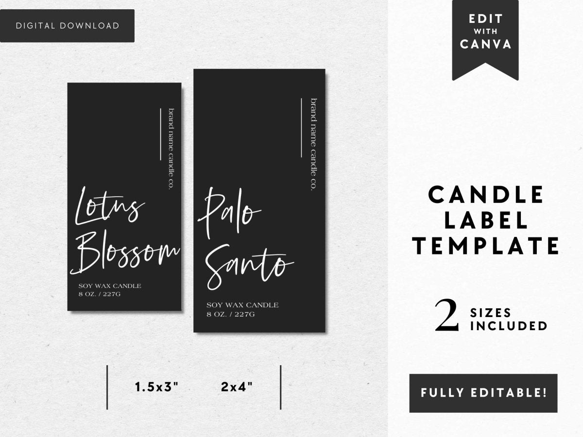 Vertical Thin Black Candle Label Canva Template | Ashe - Trendy Fox Studio