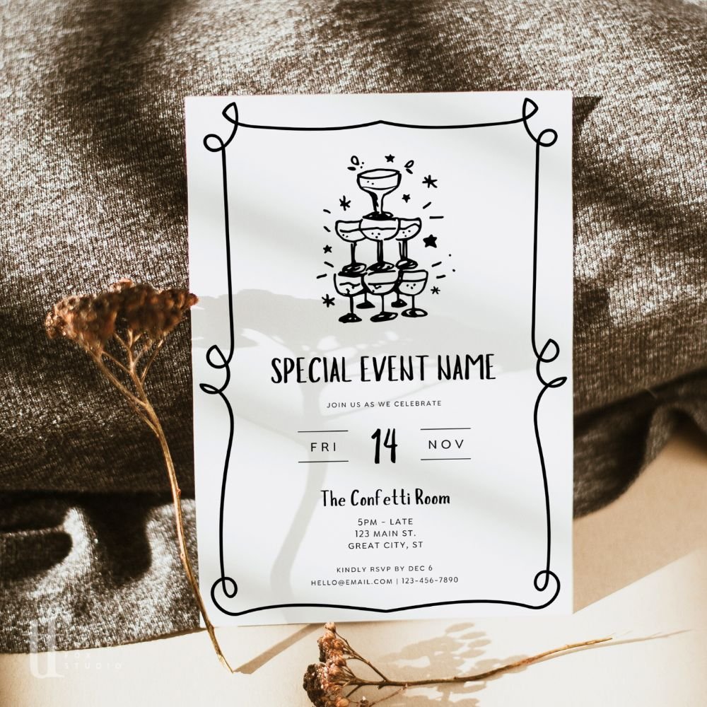 Whimsical Hand Drawn Business Invitation Canva Template | Rose - Trendy Fox Studio