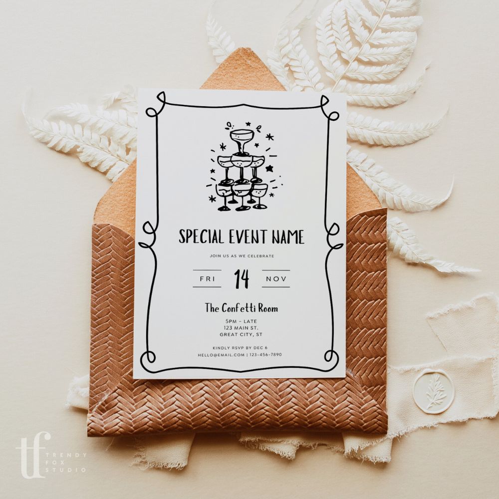 Whimsical Hand Drawn Business Invitation Canva Template | Rose - Trendy Fox Studio