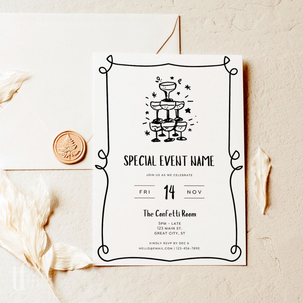 Whimsical Hand Drawn Business Invitation Canva Template | Rose - Trendy Fox Studio