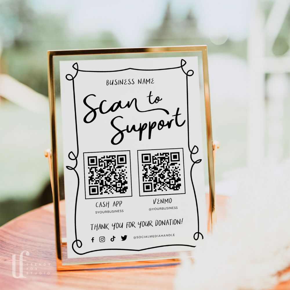 Whimsical Scan to Support Sign, 2 QR code Donation Sign Canva Template | Rose - Trendy Fox Studio