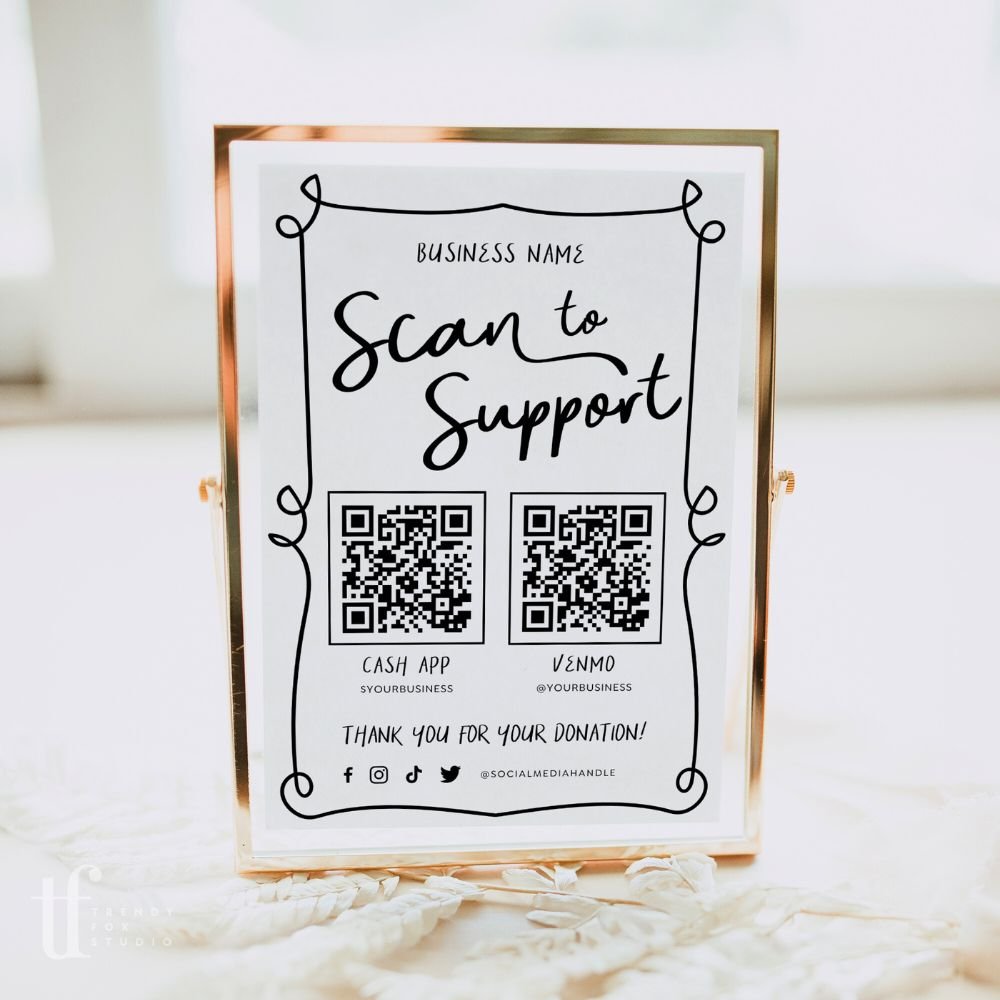 Whimsical Scan to Support Sign, 2 QR code Donation Sign Canva Template | Rose - Trendy Fox Studio