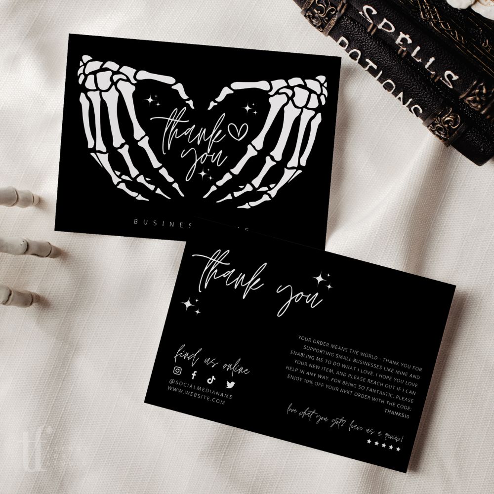 Black Gothic Halloween Business Thank You Card Canva Template | Skeleton Hands Spooky &amp; Cute - Trendy Fox Studio