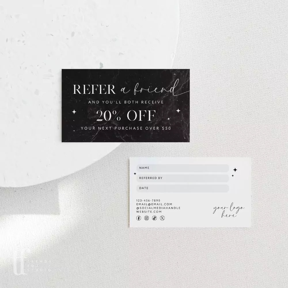 Black Modern Elegant Refer A Friend Discount Card Canva Template | Dash - Trendy Fox Studio