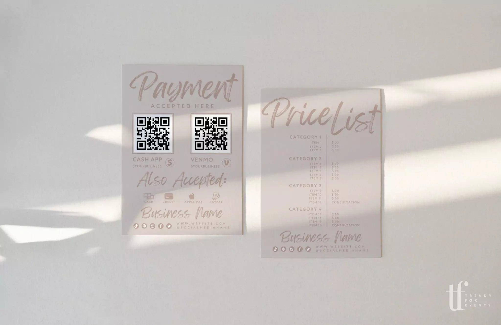 Boho Price List &amp; Scan to Pay Sign Canva Template | Loxli - Trendy Fox Studio