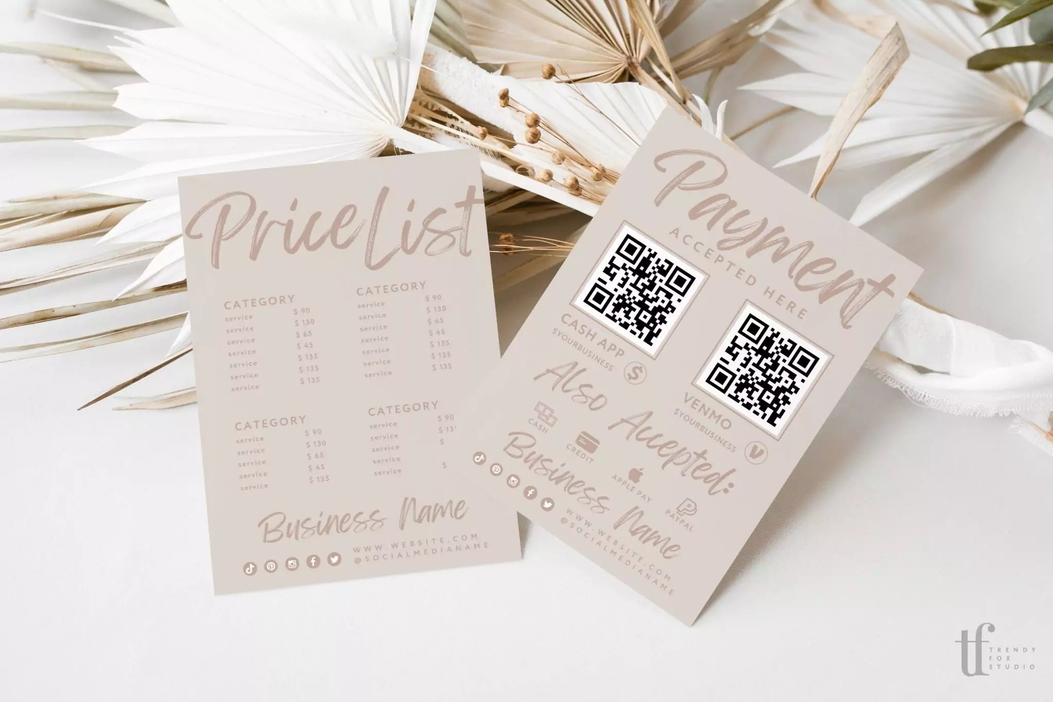 Boho Price List &amp; Scan to Pay Sign Canva Template | Loxli - Trendy Fox Studio