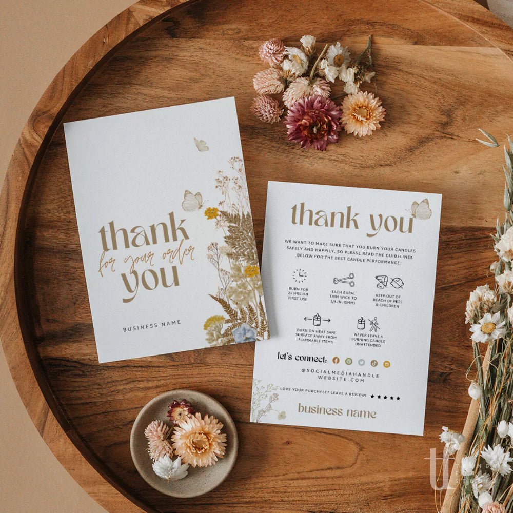 Boho Wildflower Candle Care Card with Icons and Business Thank You Canva Template - Trendy Fox Studio