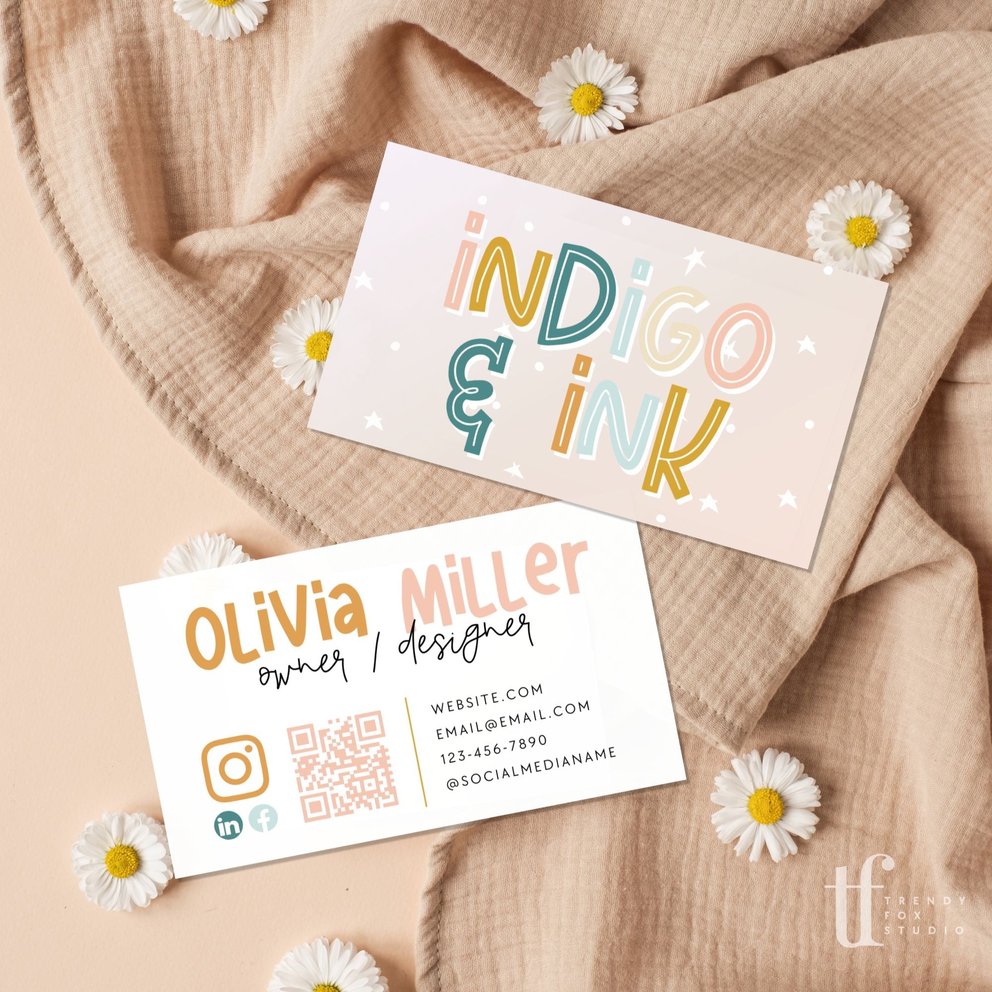 Cute Business Card QR Code Canva Template | Bea - Trendy Fox Studio