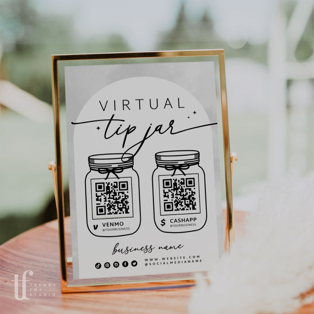 Elegant Virtual Tip Jar QR Code Sign Canva Template | Cinna - Trendy Fox Studio