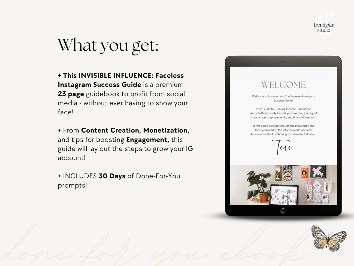 Faceless Instagram Guide for Passive Income, Social Media Marketing Guide - Trendy Fox Studio