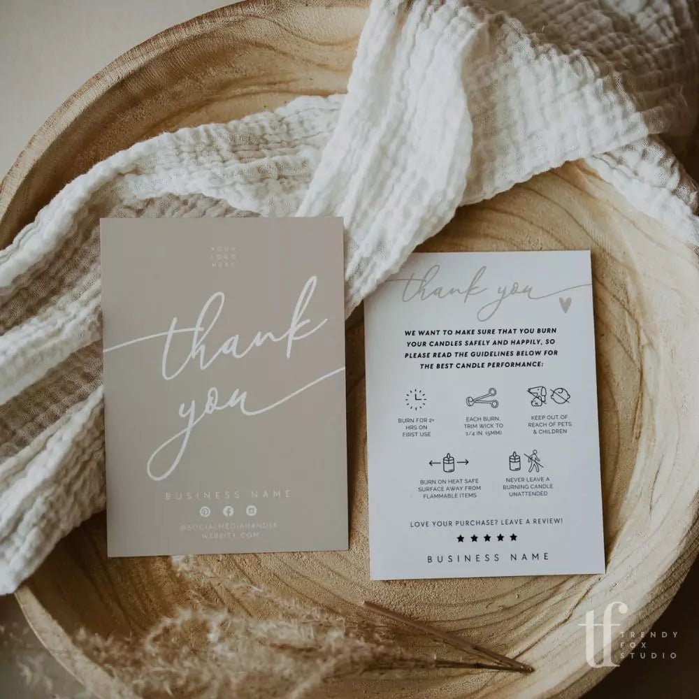 Minimal Candle Care Card with Icons and Business Thank You Canva Template | Cinna - Trendy Fox Studio