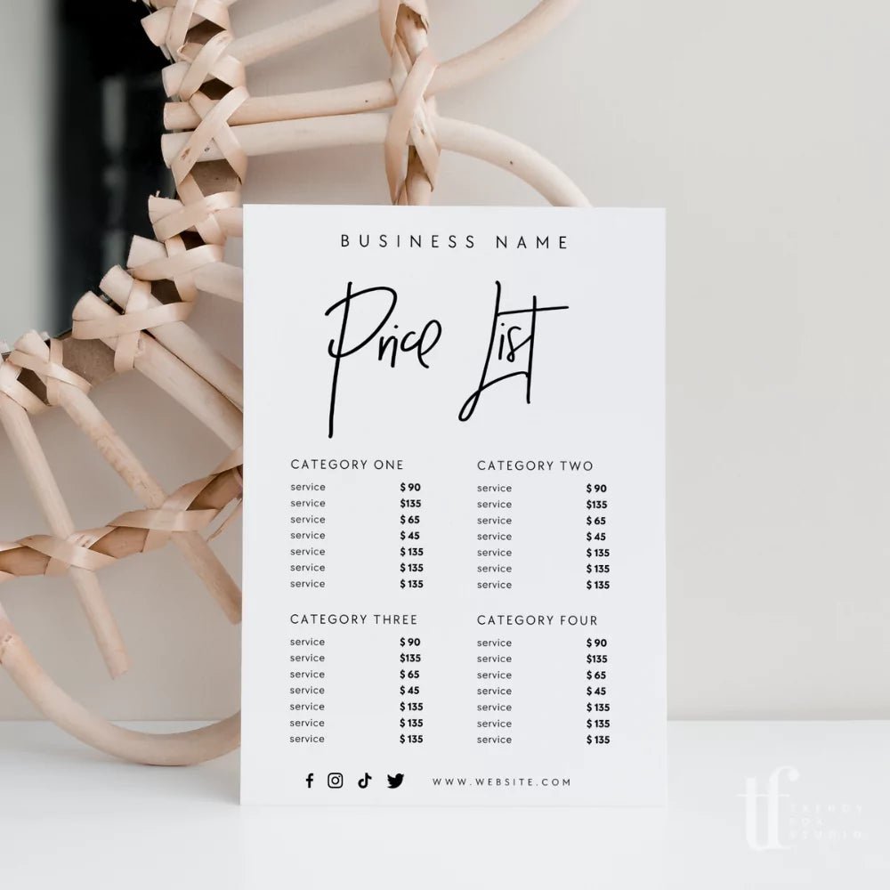 Minimalist Price List, Printable Pricing Sign Canva Template | Dusk - Trendy Fox Studio