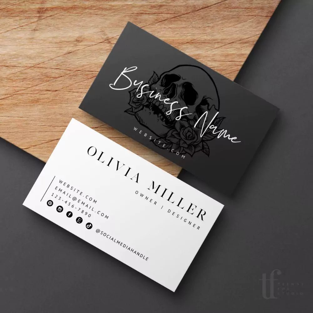 Modern Black Skull Business Card Canva Template - Trendy Fox Studio