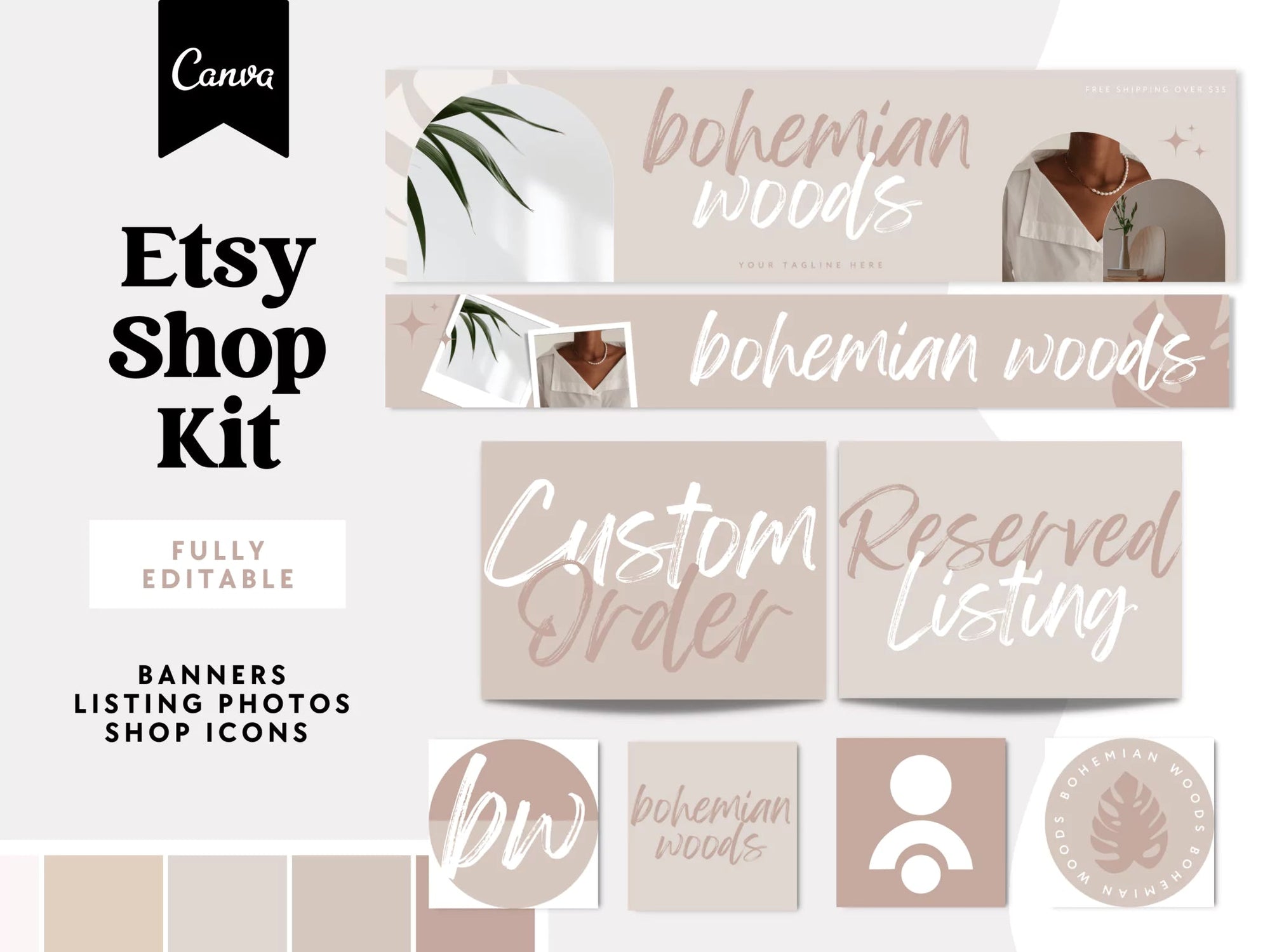 Modern Boho Etsy Shop Kit Canva Template | Etsy Banner, Listing Photos, Icon | Loxli - Trendy Fox Studio