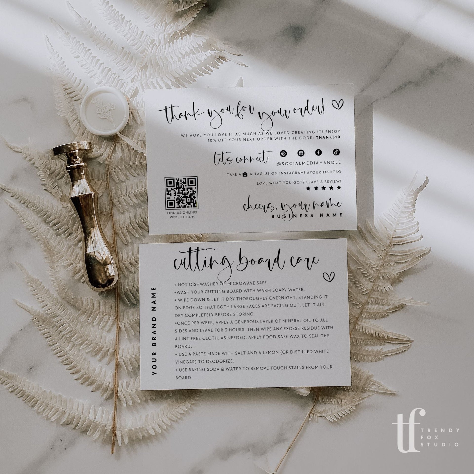 Modern Cutting Board Care Instructions Card Canva Template Adele Trendy Fox Studio