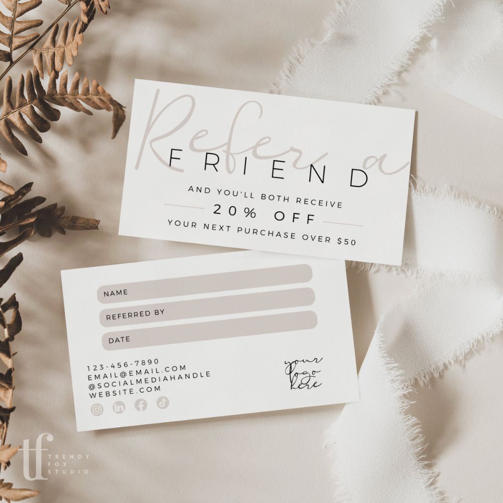 Modern Elegant Refer A Friend Discount Card Canva Template | Carli - Trendy Fox Studio
