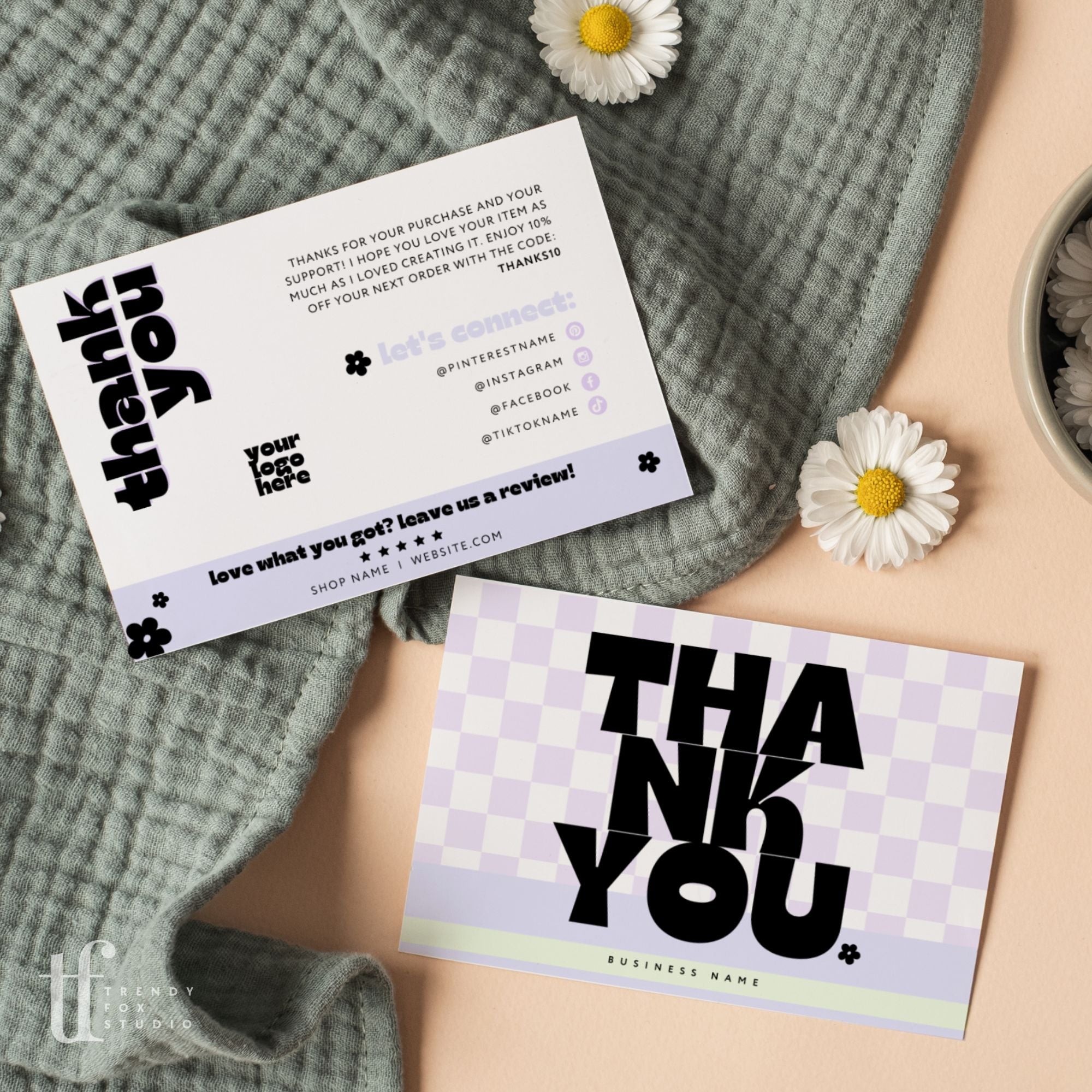 Pastel Checkered Y2k Business Thank You Card Canva Template | Becs - Trendy Fox Studio