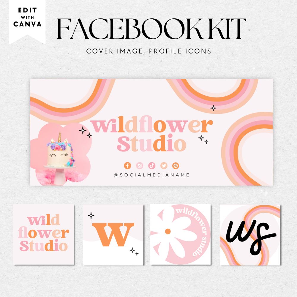 Pastel Pink Rainbow Facebook Cover Branding Set Canva Template | Lark - Trendy Fox Studio