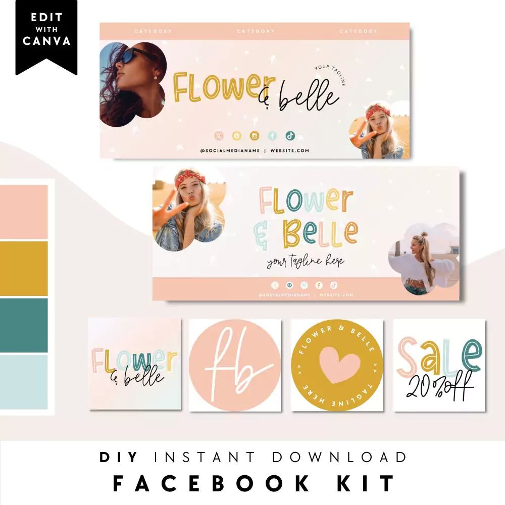 Pastel Rainbow Facebook Cover Branding Set Canva Template | Bea - Trendy Fox Studio