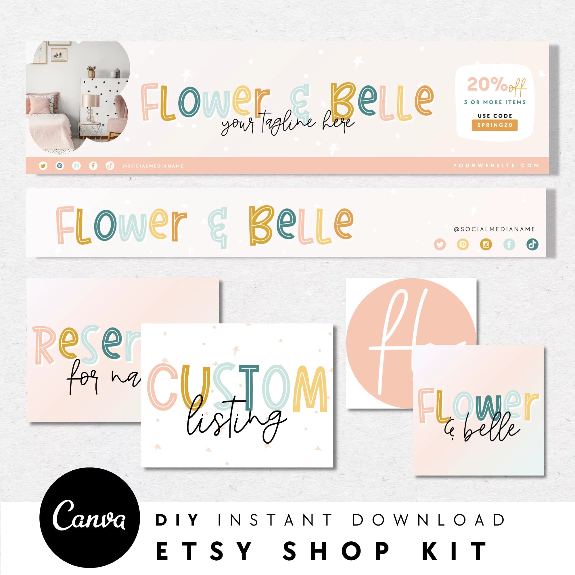 Rainbow Etsy Shop Kit Canva Template | Etsy Banner, Listing Photos, Icon | Bea - Trendy Fox Studio