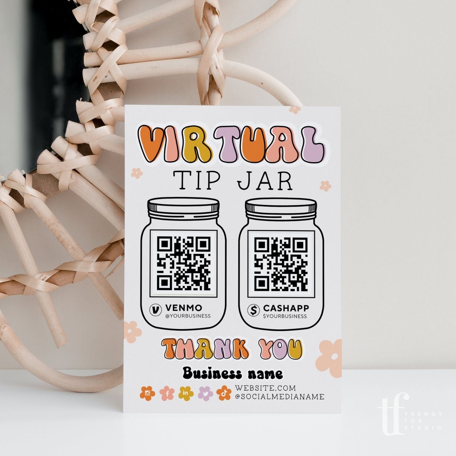 Rainbow Retro Virtual Tip Jar Sign Canva Template Birdie Trendy Fox