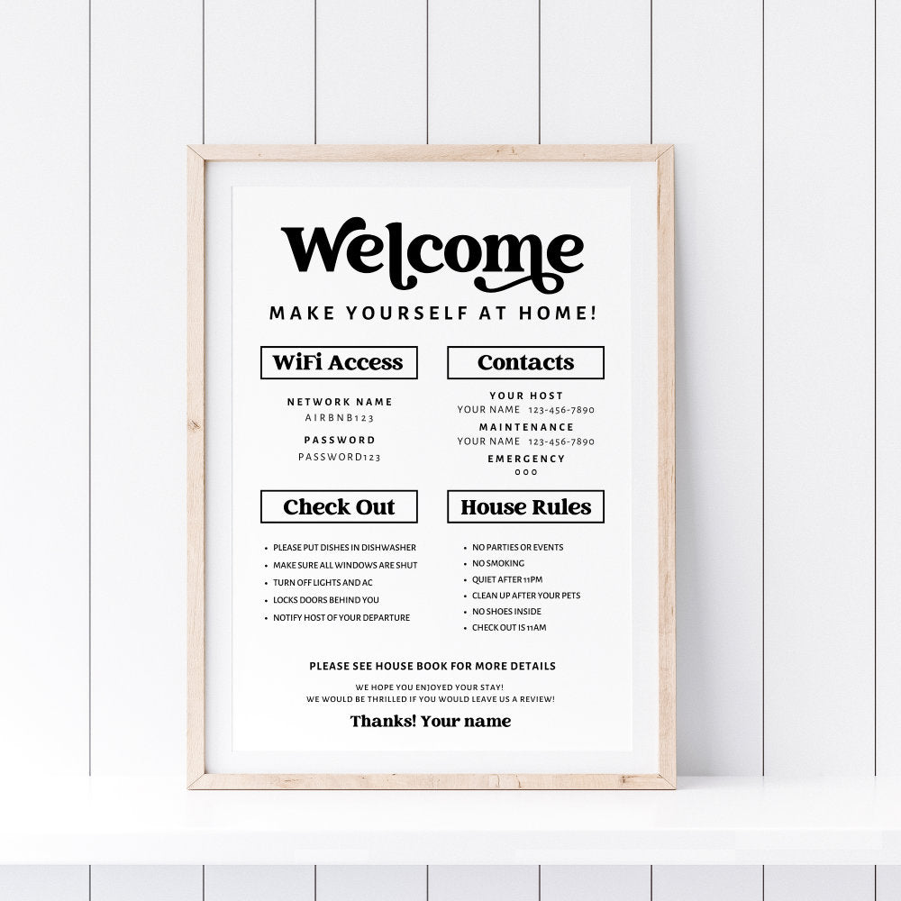 Retro Airbnb Sign Template, 1 Page Editable Welcome Poster, WiFi Password Sign Printable, AirBNB House Rules Signage, Vacation Rental Sign | Dani - Trendy Fox Studio