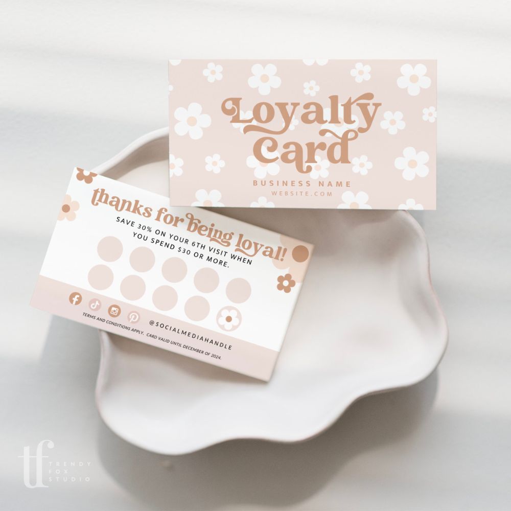 Retro Daisy Loyalty Discount Card, Customer Rewards Stamp or Punch Card Canva Template | Dani - Trendy Fox Studio