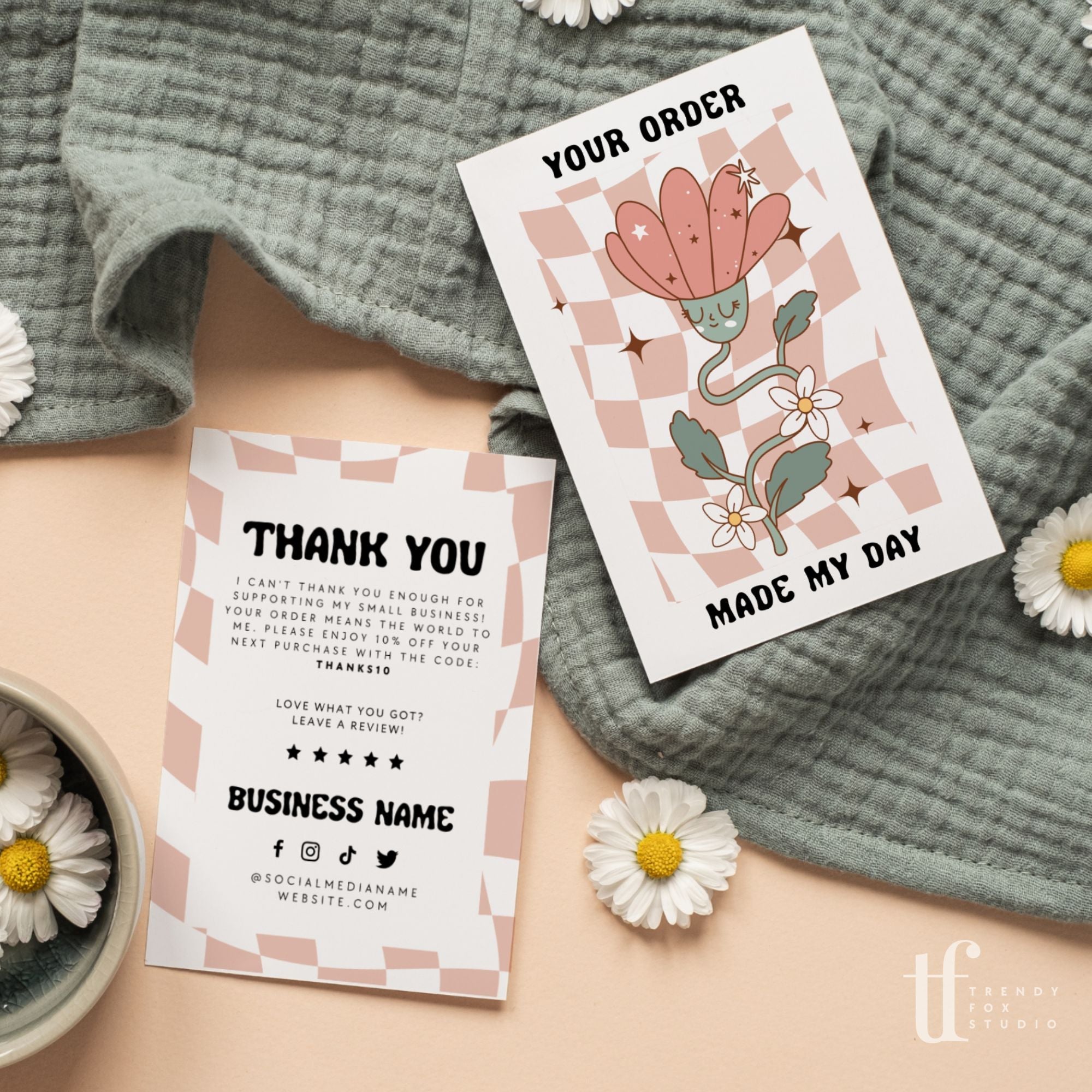 Retro Groovy Checkered Business Thank You Card Canva Template - Trendy Fox Studio