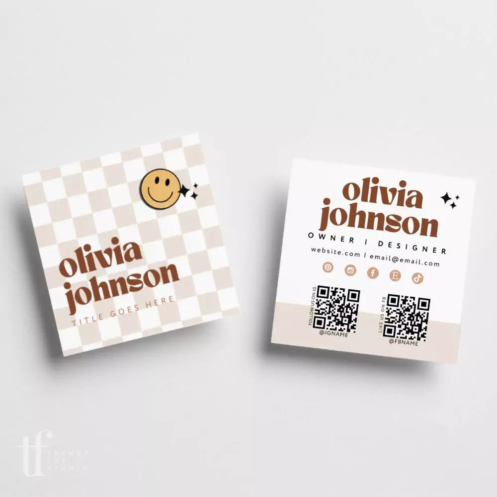 Retro Groovy Square Business Card with QR Code Canva Template | Pixie - Trendy Fox Studio
