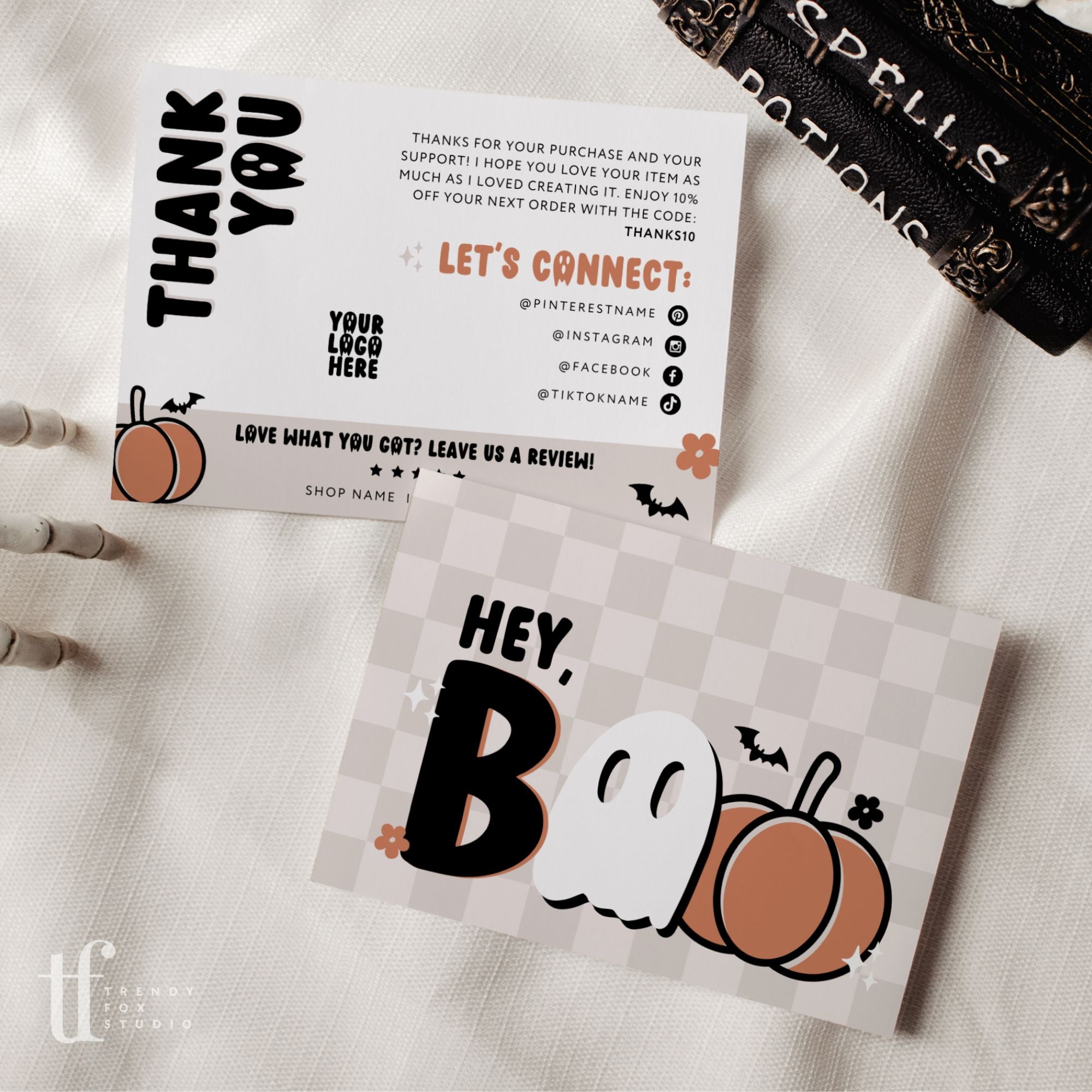 Retro Hey Boo Halloween Business Thank You Card Canva Template - Trendy Fox Studio