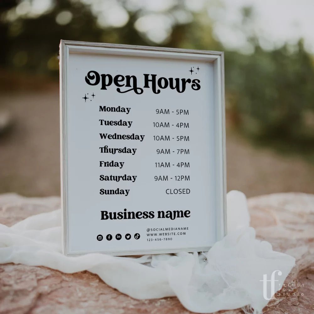 Retro Open Hours, Business Hours Sign Canva Template | Dani - Trendy Fox Studio