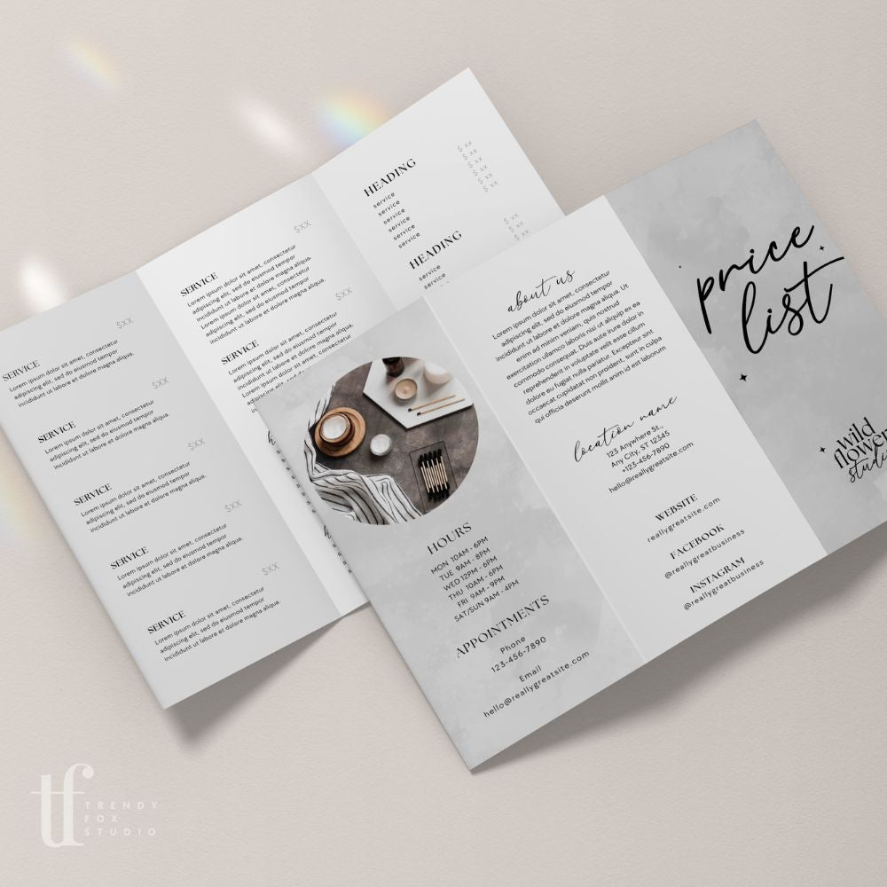 Cinna Rack Tri-Fold Price List, Brochure Rack Card Price Menu, Canva Template ...