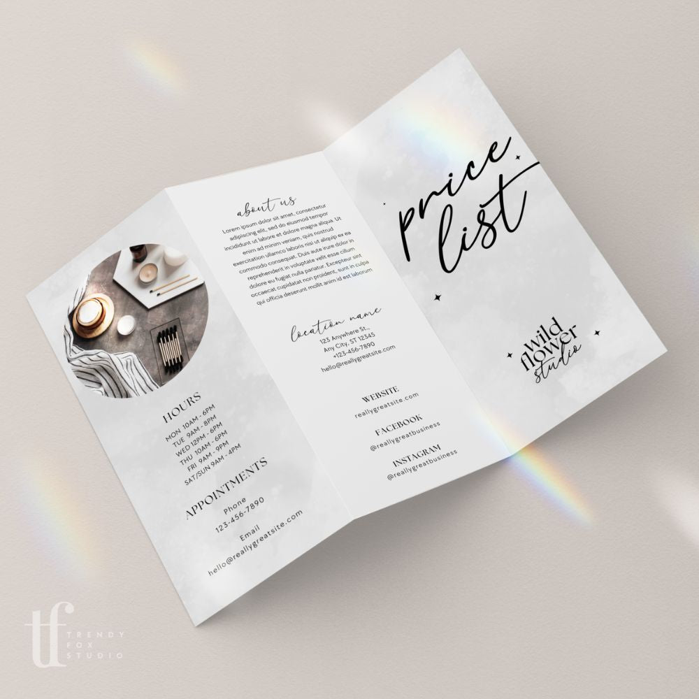 Cinna Rack Tri-Fold Price List, Brochure Rack Card Price Menu, Canva Template ...