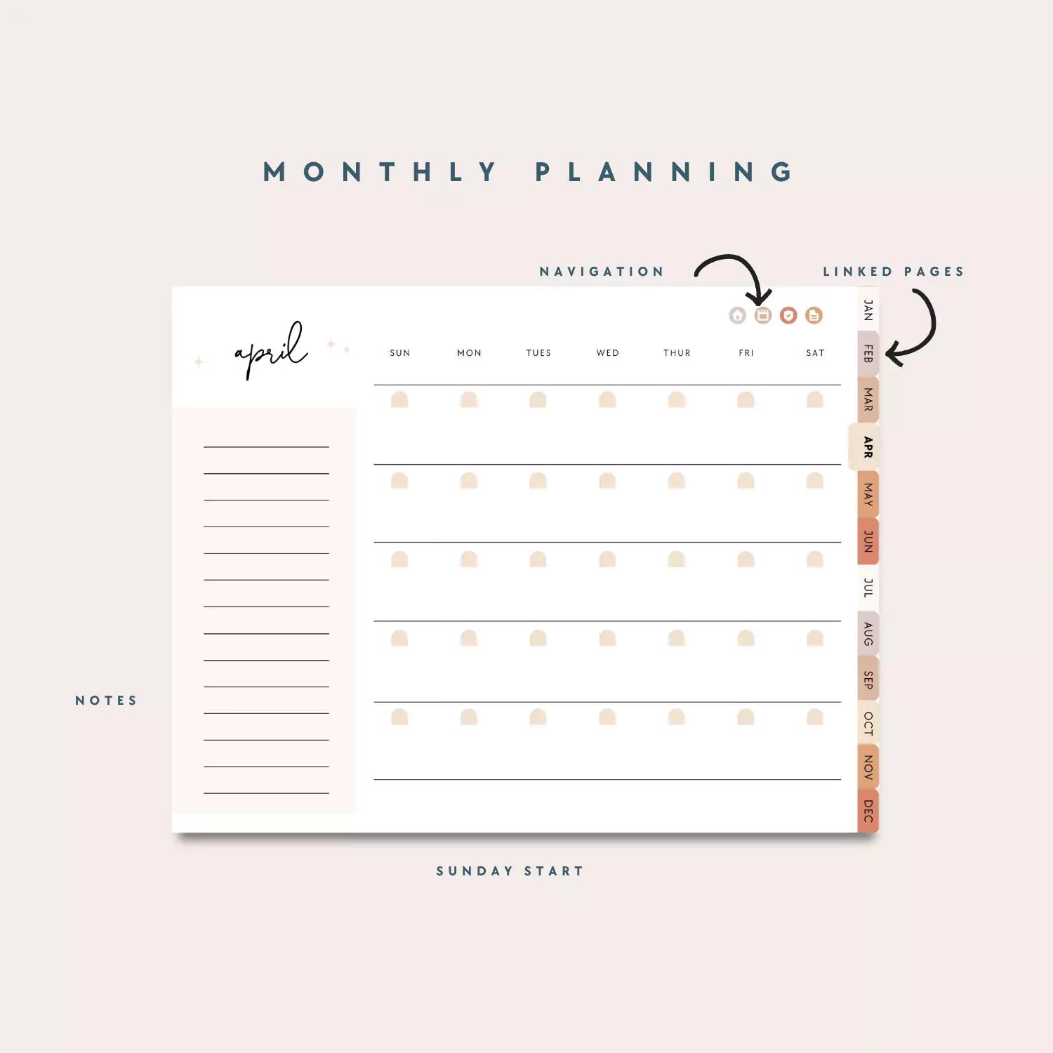 Undated Monthly &amp; Weekly Digital Planner, Neutral Boho Blush, Horizontal Layout with Goal Planner and Habit Tracker - Trendy Fox Studio