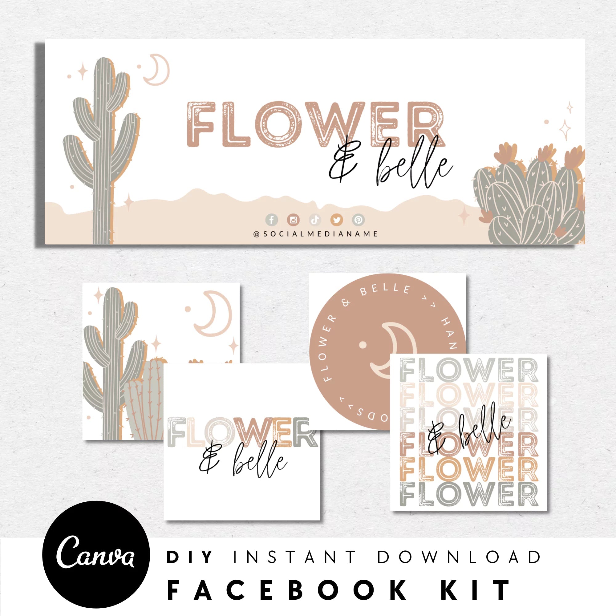 Western Cactus Facebook Cover Branding Set Canva Template | Rhodes - Trendy Fox Studio